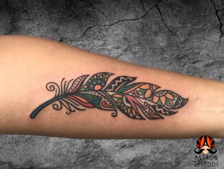 Indian Henna Style Feather Tattoo Design: Vibrant Colors and Intricate Patterns at Astron Tattoos Bangalore