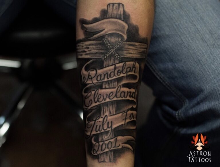 Wooden Cross Banner Forearm Tattoo at Astron Tattoos Bangalore